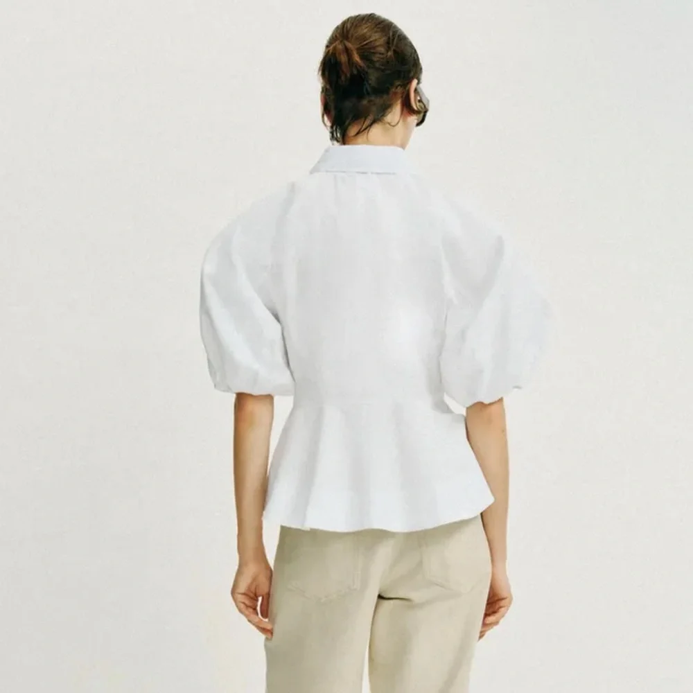 ZARA White Cotton Poplin Balloon Sleeve Top Flared Hem Hidden Button Shirt Large